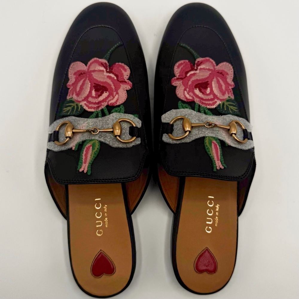 NEW Gucci Leather Floral Rose Embroidered Princetown Horsebit Mule Loafer Slides